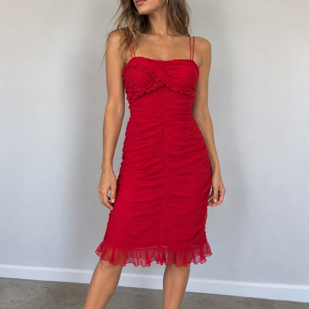 Cache Red Silk Ruched Midi Dress Size 8 Y2K Cocktail Party Coquette Fairy
